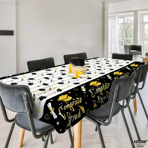 Vista 5 de KatchOn, Manteles de graduación en blanco y negro – 108 x 54 pulgadas, paquete de 3 con platos de graduación y servilletas 2023 – Paquete de 100