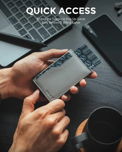 Vista 2 de VULKIT Tarjetero con ventana de identificación, tarjetas emergentes, delgada, de cuero, con protección RFID, hasta 12 tarjetas, funda para tarjetas