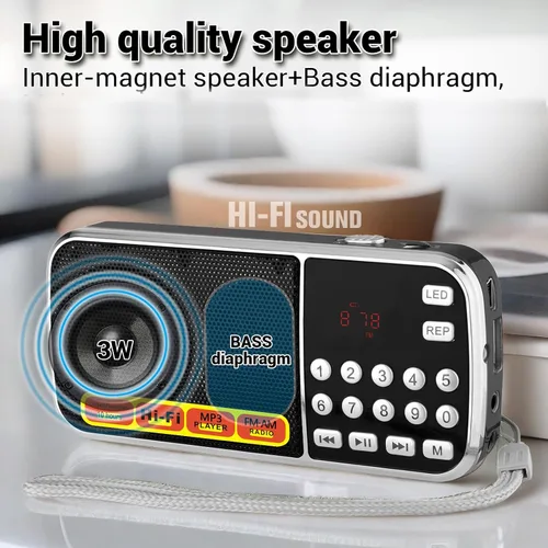 Vista 5 de Radios Pequeños Portátiles AM FM, Radio con Batería de Gran Capacidad Recargable, Ranura para Tarjeta TF Micro SD y USB, Reproducción MP3, Botones