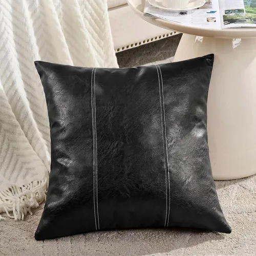 Vista 2 de Fancy Homi Paquete de 2 fundas de almohada decorativas de cuero sintético bohemio negro de 16 x 16 pulgadas para sala de estar, sofá, cama, sofá