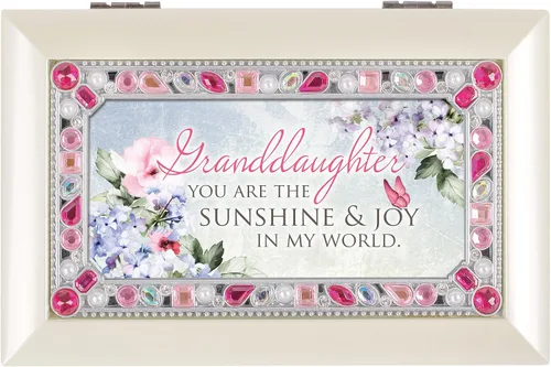 Vista 2 de Cottage Garden Granddaughter You are Sunshine Pink Jeweled Ivory Petite Music Box Plays You Light Up My Life