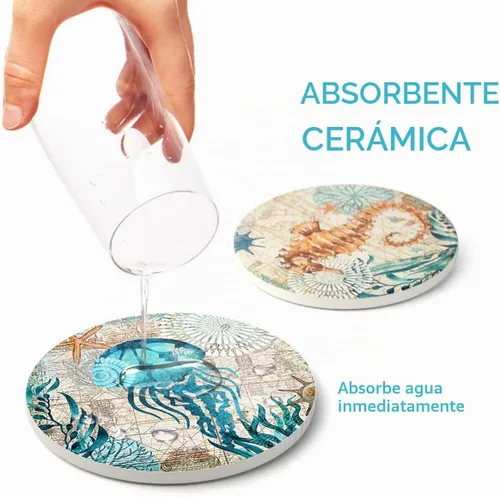 Vista 6 de Teivio Posavasos de piedra absorbente con temática de vida marina para bebidas, base de corcho con soporte, decoración costera con tema de playa