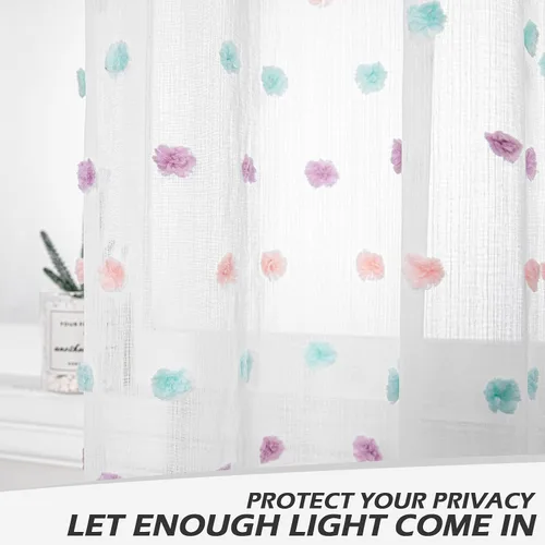 Vista 4 de MYSKY HOME - Cortinas blancas traslúcidas para puerta corrediza de sala, ventanas, cortinas de dormitorio con pompones arcoíris, 2 paneles, filtro