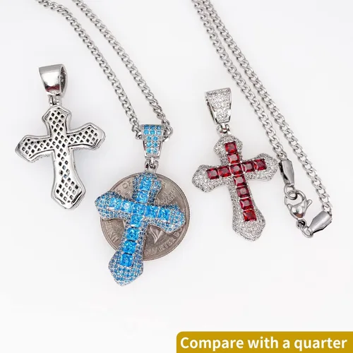 Vista 3 de ZeaLian Collar de cruz de circonita de hip hop, chapado en oroplata, cristal egipcio, colgante de cruz de cristal copto Ankh, joyería de cadena