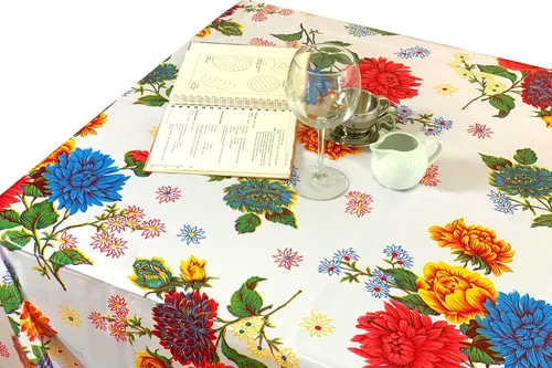 Vista 5 de Alux - Mantel de plástico con flores de hibisco para patios, picnic y mesas de cocina, azul y rojo, vinilo de plástico, mantel de plástico
