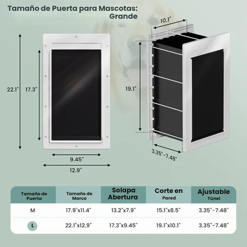 Vista 4 de Puerta de plástico para perros de 3 solapas para pared, mascotas de hasta 100 libras (grande)