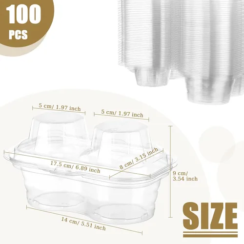 Vista 2 de Eaasty 100 recipientes de plástico con 2 compartimentos para cupcakes, caja de soporte para cupcakes profundos con tapas, contenedor apilable