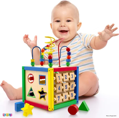 Vista 2 de Cubo de actividades de madera para bebé 6+ M - 6 en 1 juguete de aprendizaje, 8 tazas apilables
