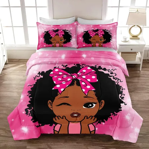 Vista 17 de Juego de edredón de niña negra tamaño individual para niños, juegos de ropa de cama mágica de niña negra, juego de edredón de princesa melanina
