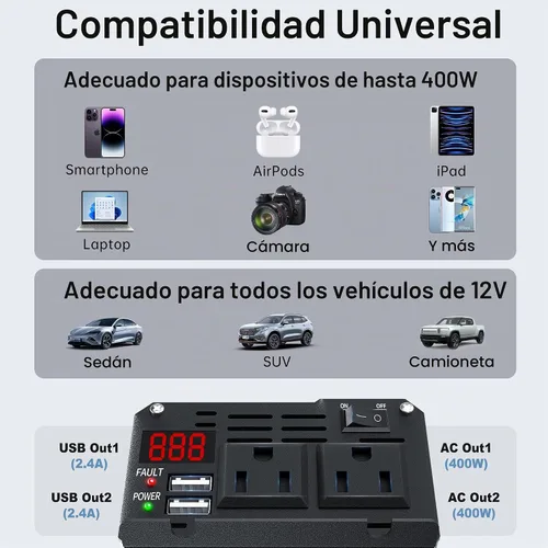 Vista 3 de Inversor de corriente para automóvil de 400 W, CC 12 V a 110 V CA, adaptador de enchufe de automóvil con toma y pantalla digital/puertos de carga