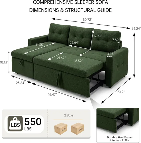 Vista 2 de HIPIHOM Sleeper Sectional Sofa with Pull-Out Bed, Reversible Storage Chaise Dark Green