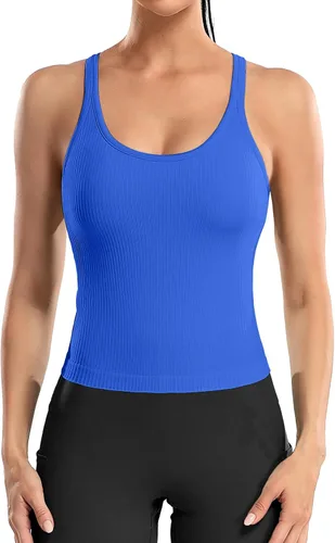 Vista 185 de ATTRACO Camiseta corta acanalada de entrenamiento para mujer con brasier integrado para yoga, espalda cruzada, ajuste ajustado
