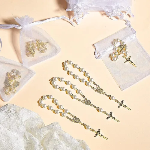 Vista 5 de 30 Pieces Baptism Rosary Gold Plated Finger Baptism Rosaries Acrylic Faux Pearls Rose Rosary Beads Recuerdos De Bautizo Communion Favors Christening