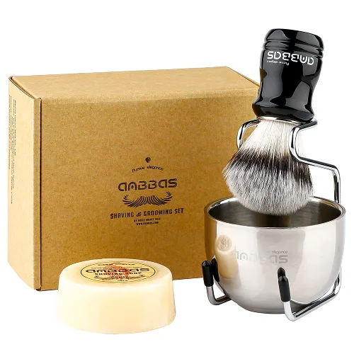 Vista 9 de Kit de afeitado Anbbas con brocha de cerdas de tejón puro, mango de madera negra y barra de jabón recargable de 100g, soporte de afeitado de acero