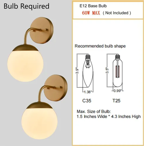 Vista 7 de [Usado] Juego de 2 apliques de pared dorados de estilo nórdico moderno con forma de globo lechoso para tocador de baño