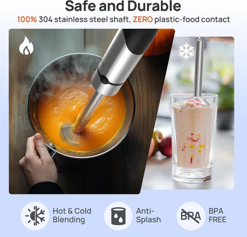 Vista 5 de Consciot 4 en 1 licuadora de inmersión de mano Max 1100W, varilla con cable emulsificadora con eje de licuadora entero de acero inoxidable, control