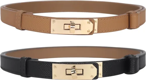 Vista 70 de Cinturón de cuero clásico con hebilla de metal para mujer con vestido de jeans