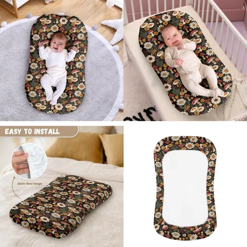 Vista 3 de Funda para tumbona de bebé floral de hongos bohemios y funda de almohada de lactancia, 2 piezas, ovalada, reloj de arena, rectangular, para moisés