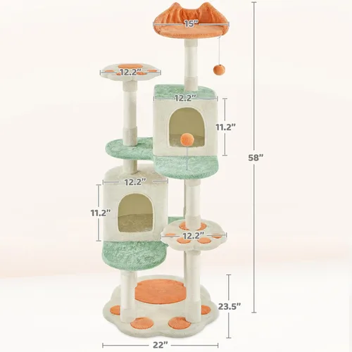 Vista 7 de Yaheetech Torre de árbol para gatos de 57.5 pulgadas, centro de actividades multifuncional con plataforma en forma de pata de gato, postes