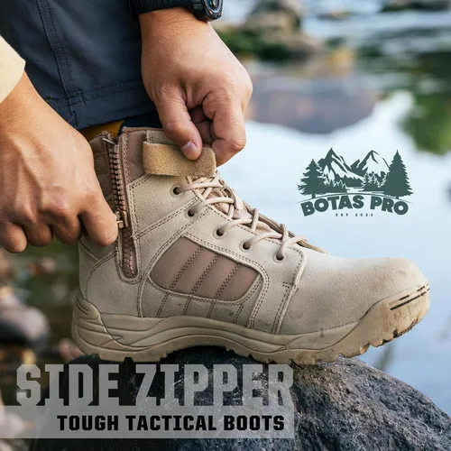 Vista 3 de Botas tácticas para hombre con cremallera lateral de 6 pulgadas, ligeras, cómodas, militares, botas tácticas militares (BMP111)