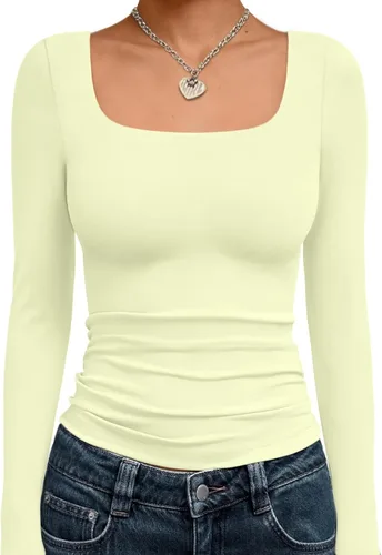 Vista 24 de Trendy Queen - Camisas ombligueras para mujer, manga larga, cuello cuadrado, básicas, para salir, de invierno, Y2K Albaricoque