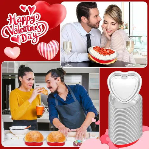 Vista 5 de Moldes grandes en forma de corazón para hornear, 20 juegos de recipientes desechables de papel de aluminio de 9 onzas con tapas, molde