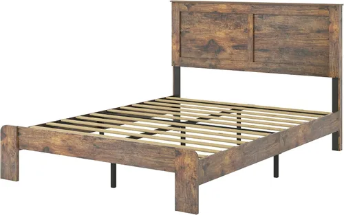 Vista 8 de Marco de cama tamaño matrimonial con cabecero, color marrón oscuro Marco de cama de plataforma de madera rústica con soporte de 12 listones