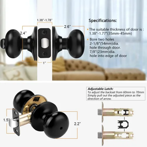 Vista 6 de Probrico Pomos de puerta de privacidad para interiores, color negro mate, 1 paquete de pomos de puerta de baño para cama, función de bloqueo