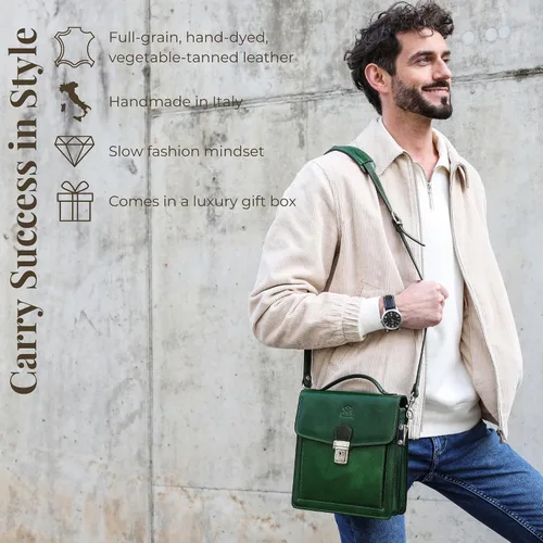 Vista 2 de Time Resistance Maletín pequeño de cuero para hombre - Bolso cruzado - Bolso bandolera de cuero italiano - Caja de regalo incluida