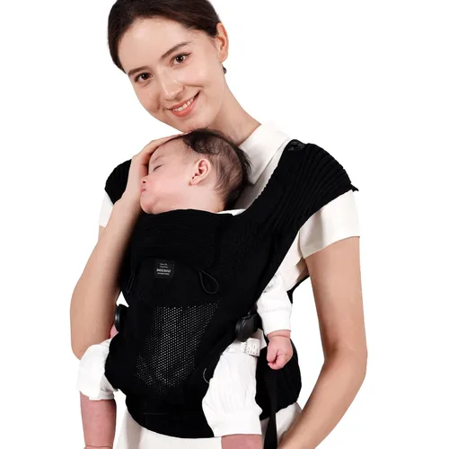 Vista 3 de Bebamour Portabebés de punto, acogedor y ligero para recién nacidos a niños pequeños, portabebés ergonómico con capucha para la cabeza (negro)