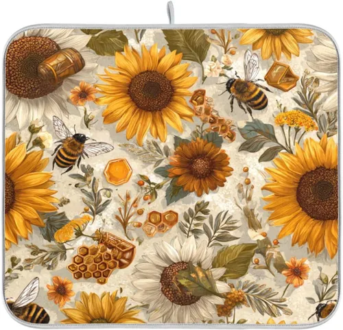 Vista 78 de Tapete de secado de platos de primavera naranja con flor de amapola para encimera de cocina, tapete escurridor absorbente de microfibra, tapete