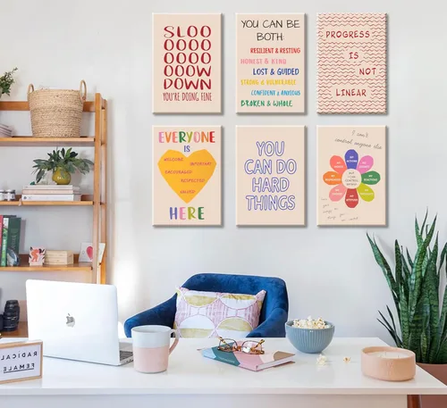 Vista 5 de 6 piezas de arte de pared de salud mental, terapia de oficina, decoración de pared de aula, póster motivacional con citas inspiradoras, pintura