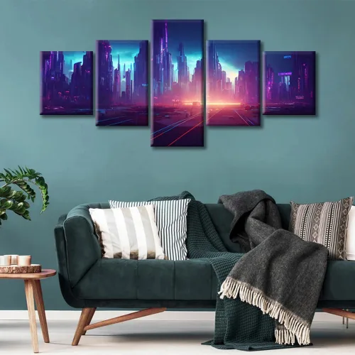 Vista 352 de Cuadros de 5 paneles de Cyberpunk City, arte de pared, representación de vallas publicitarias, edificios modernos en la capital con obras de arte