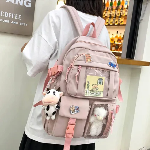 Vista 2 de Mochila Kawaii con lindo pin y accesorios, linda mochila Kawaii para mochila escolar, mochila Kawaii para niña, Rosado-2, Kawaii, lindo