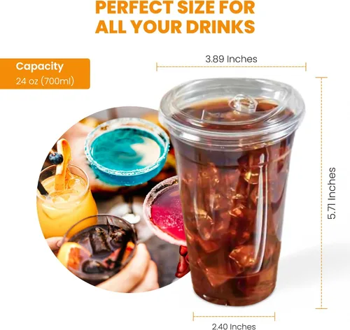 Vista 2 de Vasos de plástico transparente de 24 onzas con tapas y popotes gruesos, reutilizables, desechables para café helado para batidos, cerveza