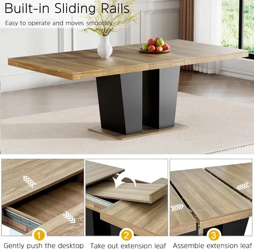 Vista 2 de Mesa de comedor extensible de 78.74 pulgadas para 6 8 y 10 pulgadas, moderna mesa de comedor extensible de granja con base de doble pedestal, mesa