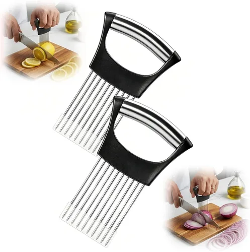 Vista 7 de Soporte para rebanadas de cebolla, soporte de cebolla de acero inoxidable para rebanar con funda protectora, herramienta auxiliar para cortar carne