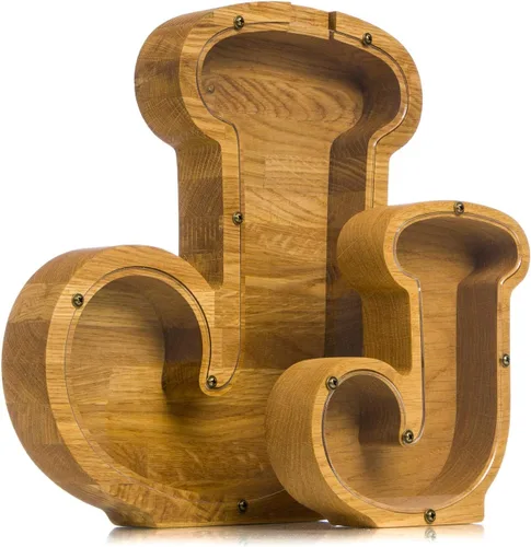 Vista 3 de Alcancía de madera personalizada con letra para niños, niñas y adultos, bancos de monedas de madera de roble duradero, 3 tamaños para elegir