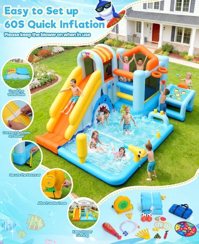 Vista 6 de Toboganes acuáticos inflables 24 en 1 con diseño de cueva de tiburón de unicornio, casa de rebote para patio trasero de niños con soplador, piscina