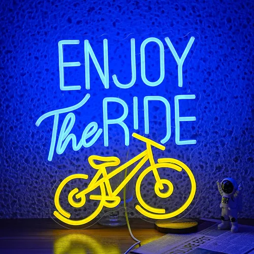 Vista 4 de Letrero de neón con texto en inglés "Enjoy The Ride", letrero de neón para gimnasio, luz de neón motivacional, para hacer ejercicio, bicicleta
