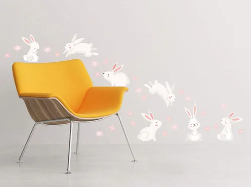 Vista 3 de Calcomanía de pared con diseño de conejito y flores, de tela extraíble