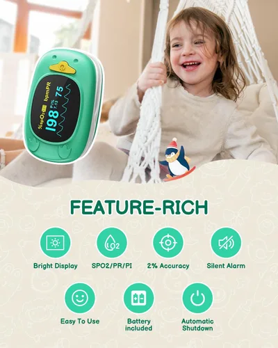 Vista 2 de Oxímetro de pulso para niños, monitor de oxígeno HOLFENRY para bebés, punta de dedo, oxímetro de pulso para niños, pantalla grande, incluida