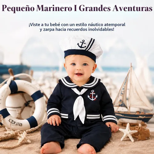 Vista 2 de stylesilove Mameluco de algodón marinero marino para bebé niño con sombrero y corbata 3 piezas traje de vacaciones Azul marino: manga larga.