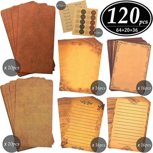 Vista 8 de Juego de papel estacionario vintage + sobres de estraza con calcomanías de sellado, 64 piezas de 4 patrones de papel de escritorio de 8.3 x 5.7 [02]