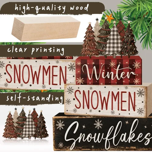 Vista 3 de 4 piezas de decoraciones navideñas para interiores - Decoración de mesa de árbol de Navidad de madera para el hogar - Centro de mesa navideño
