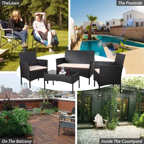 Vista 5 de Homall Juego de 4 muebles de patio al aire libre, sillas de mimbre, para uso en interiores y exteriores, patio, porche, jardín, piscina, balcón