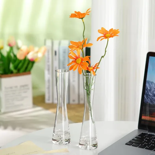 Vista 4 de Sliner 6 jarrones altos de cristal para centros de mesa, florero pequeño de flor simple, jarrones cilíndricos decorativos delgados para bodas