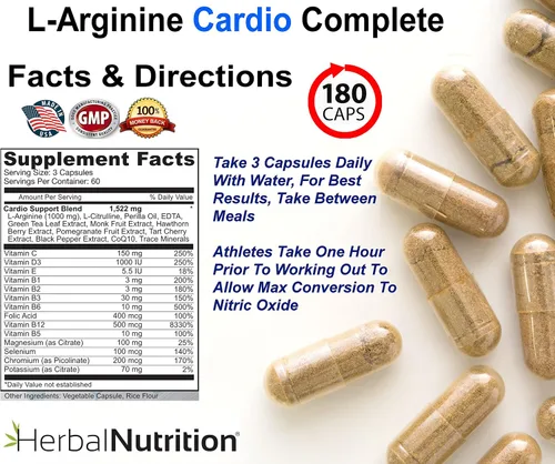 Vista 5 de L-Arginina Cardio Complete Fórmula de Apoyo de Óxido Nítrico, 180 Cápsulas L-arginine formula created to support nitric oxide production