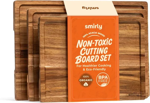 Vista 13 de SMIRLY - Tabla de corte grande de acacia para cocina: tabla de cortar de madera grande con ranura para jugos, tablas de cortar de madera