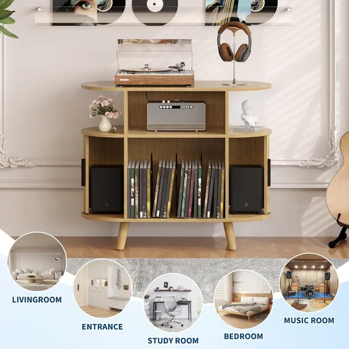 Vista 5 de GarveeHome Large Round Record Player Stand with Charging Station and USB Ports, Mid-Century Rustic Vinyl Record Player Turntable Stand Storage